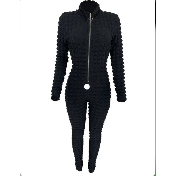 Black Popcorn Zippered Jumpsuit Bodycon Size L - Picture 2 of 6